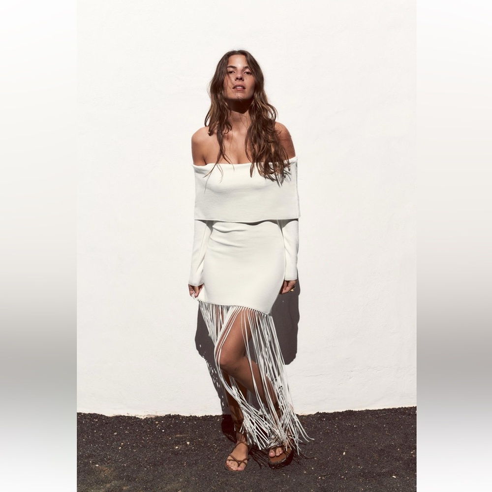 Zara Off-Shoulder Cream Fringe Long-Sleeve Dress